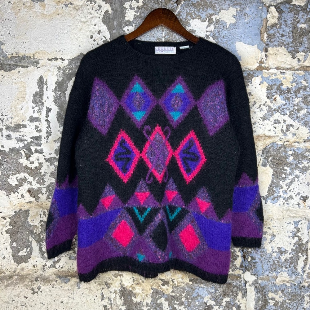 Vintage Segrets Sun Prints Sweater Black Pink Purple Geometric Womens L